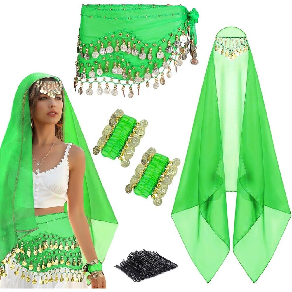 Belly Dance Costume Set Chiffon Hip Scarf Head Wrap Coin Bracelets